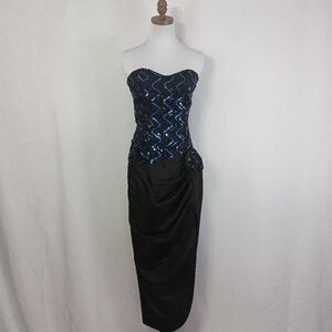Vintage 80s Gunne Sax Black Strapless Rosette Taffeta Maxi Dress Glam